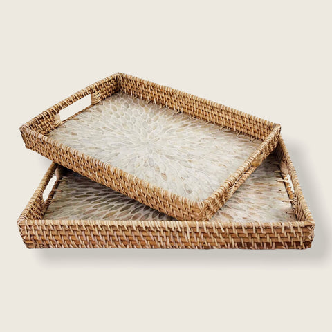 OLYMPIA MOTHER OF PEARL RATTAN TRAYS (set of 2)